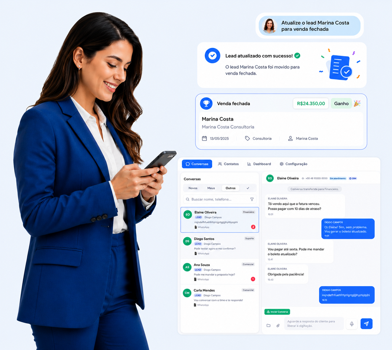 Plataforma Selloop CRM em uso, com conversas, leads e pipeline de vendas