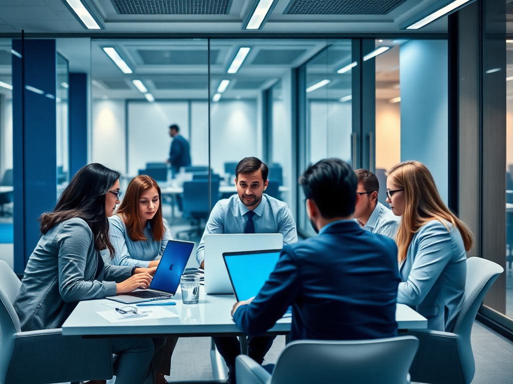 Equipe de consultoria reunida em escritório moderno