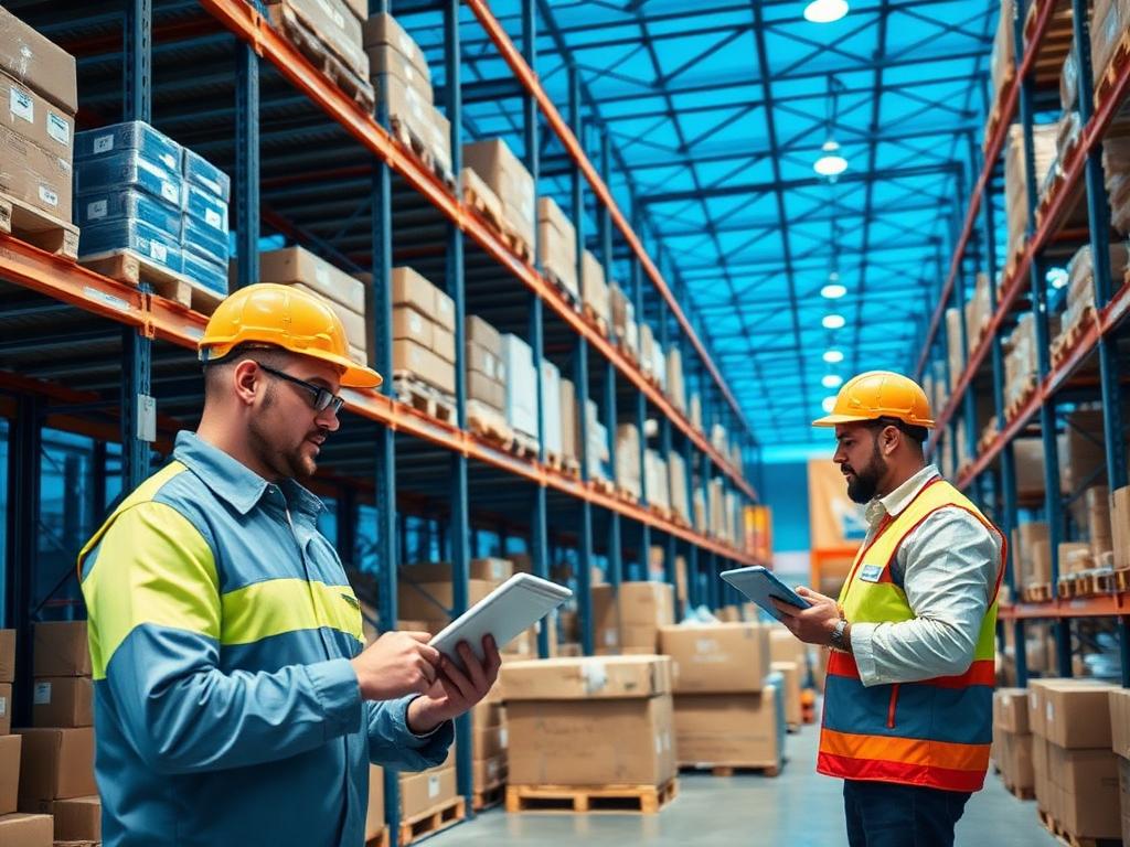 Operadores de distribuição conferindo estoque em tablet