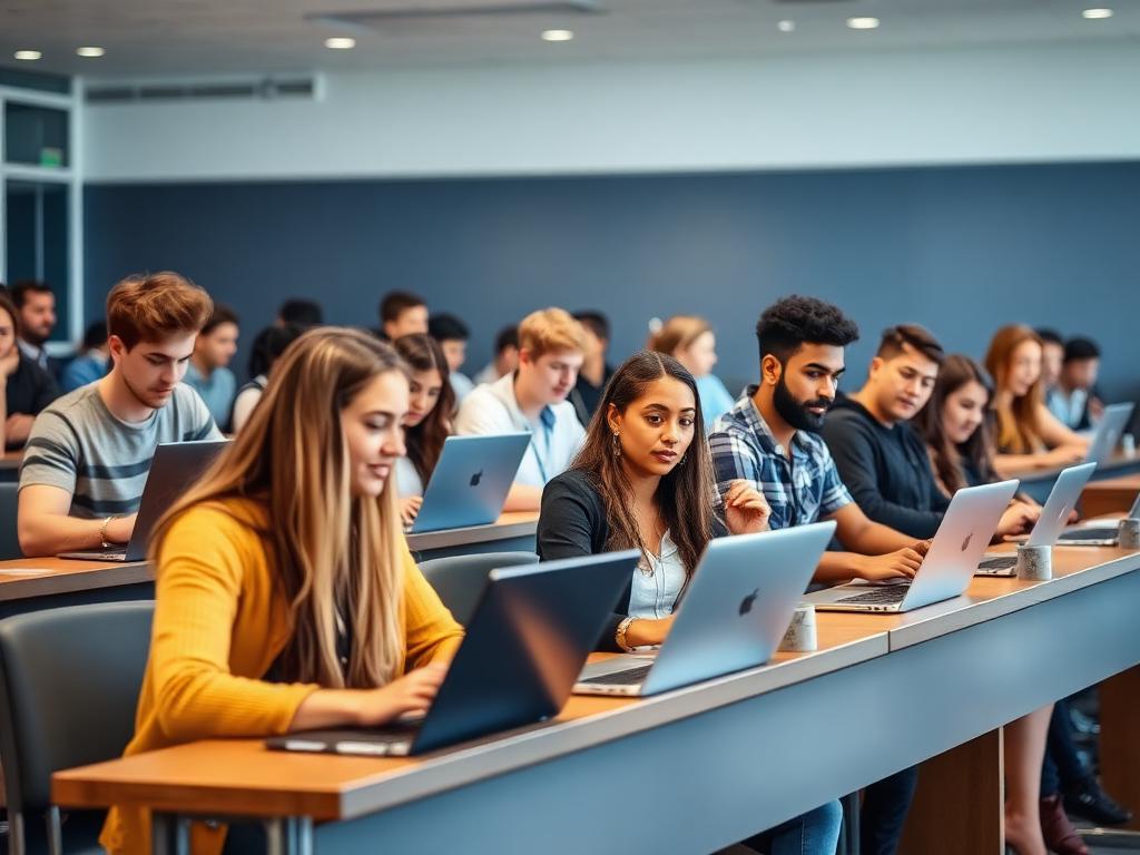Alunos em sala de aula utilizando notebooks